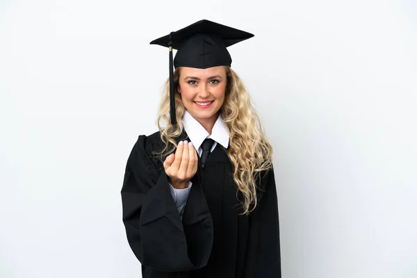 Νεαρή Απόφοιτος Πανεπιστημίου Γυναίκα Απομονωμένη Λευκό Φόντο Προσκαλώντας Έρθει Χέρι — Φωτογραφία Αρχείου