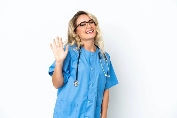 Brazilian Surgeon Doctor Woman Isolated Background Saluting Hand Happy Expression — Fotografia de Stock