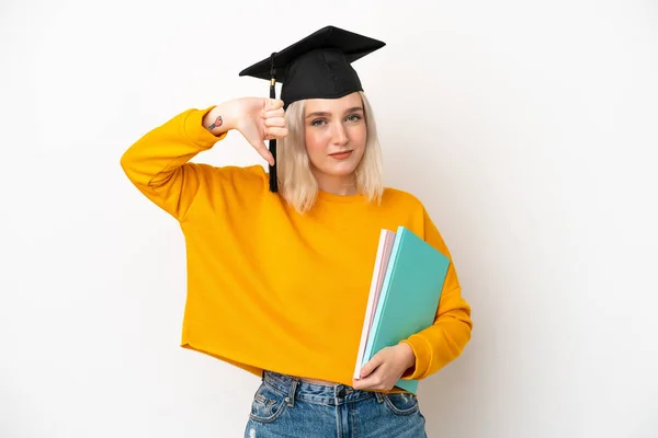 Young University Caucasian Woman Graduate Isolated White Background Showing Thumb — Stock Photo, Image