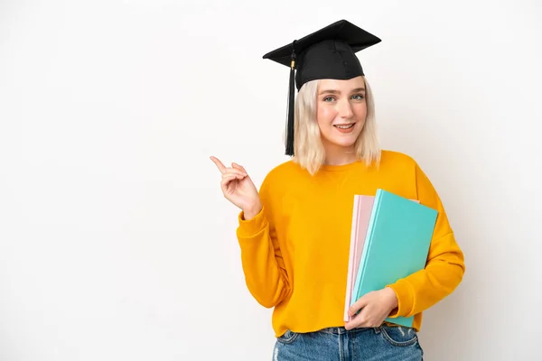 Young University Caucasian Woman Graduate Isolated White Background Pointing Finger — Stock Photo, Image