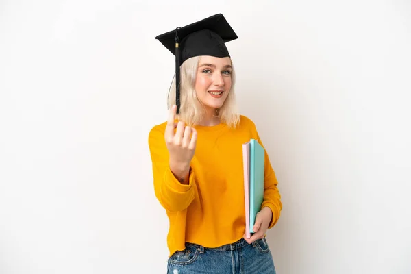 Young University Caucasian Woman Graduate Isolated White Background Doing Coming — Stock Photo, Image