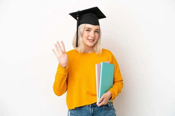 Young University Caucasian Woman Graduate Isolated White Background Happy Counting — ストック写真