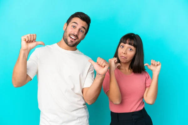 Young Couple Isolated Blue Background Proud Self Satisfied Love Yourself — Stockfoto