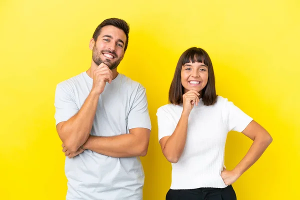 Young Couple Isolated Yellow Background Smiling Sweet Expression — ストック写真