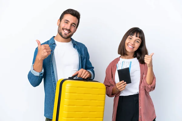 Young Traveler Couple Holding Suitcase Passport Isolated White Background Giving — ストック写真