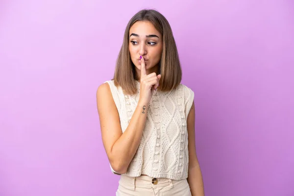 Young Caucasian Woman Isolated Purple Background Showing Sign Silence Gesture — Stock Photo, Image