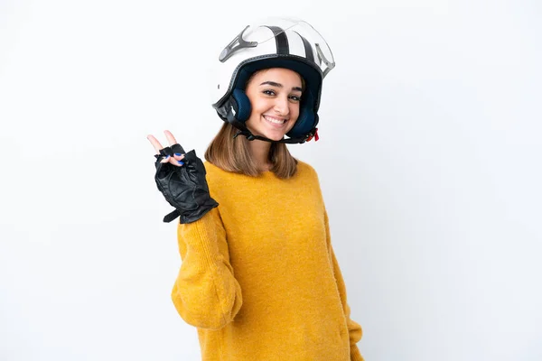 Giovane Donna Caucasica Con Casco Moto Isolato Sfondo Bianco Sorridente — Foto Stock