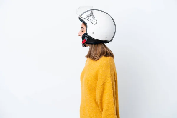 Young Caucasian Woman Motorcycle Helmet Isolated White Background Laughing Lateral — стоковое фото