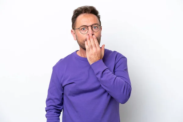 Middle Age Caucasian Man Isolated White Background Covering Mouth Hand — Fotografia de Stock