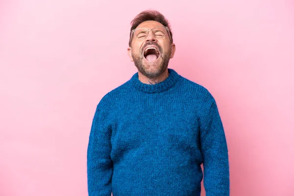 Middle Age Caucasian Man Isolated Pink Background Shouting Front Mouth — Fotografia de Stock