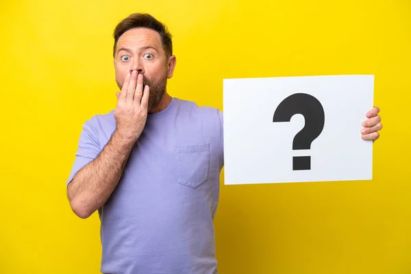 Middle Age Caucasian Man Isolated Yellow Background Holding Placard Question — Stock fotografie