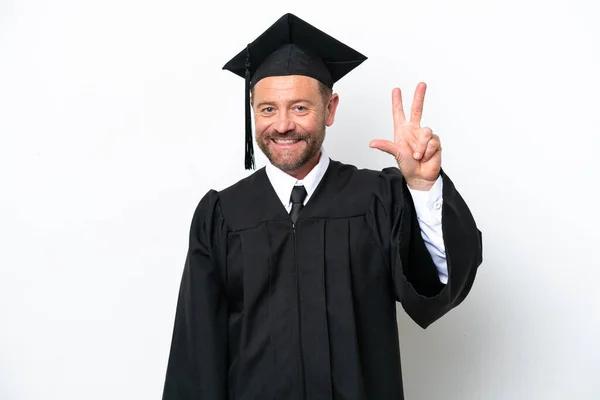 Університет Середнього Віку Аспірант Чоловік Ізольований Білому Тлі Щасливий Рахуючи — стокове фото