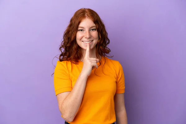 Teenager Redhead Girl Isolated Purple Background Showing Sign Silence Gesture — Foto de Stock