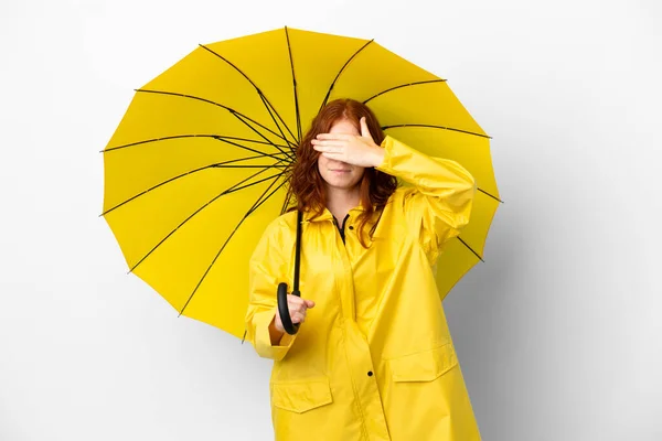 Teenager Redhead Girl Rainproof Coat Umbrella Isolated White Background Covering — ストック写真