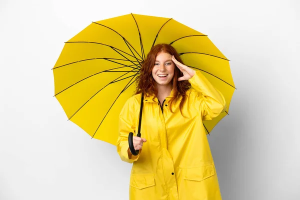 Teenager Redhead Girl Rainproof Coat Umbrella Isolated White Background Surprise —  Fotos de Stock