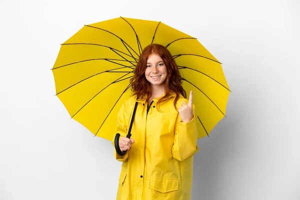 Teenager Redhead Girl Rainproof Coat Umbrella Isolated White Background Showing — стоковое фото