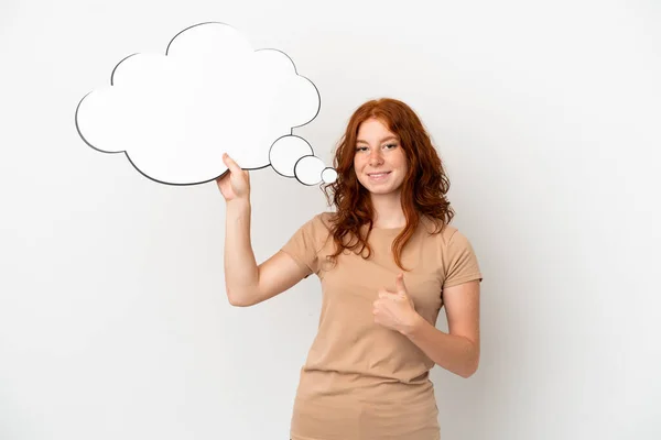 Teenager Redhead Girl Isolated White Background Holding Thinking Speech Bubble — стоковое фото