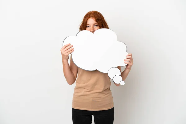 Teenager Redhead Girl Isolated White Background Holding Thinking Speech Bubble — Stock Photo, Image