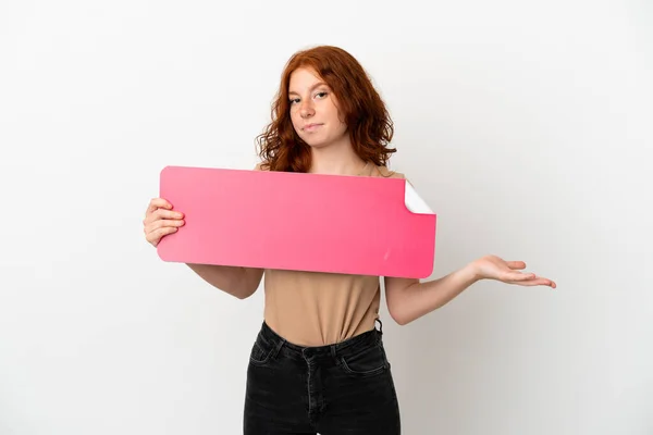 Teenager Redhead Girl Isolated White Background Holding Empty Placard Having — Fotografia de Stock