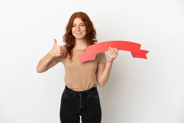 Teenager Redhead Girl Isolated White Background Holding Empty Placard Thumb — стоковое фото