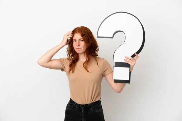 Teenager Redhead Girl Isolated White Background Holding Question Mark Icon — Stock Photo, Image