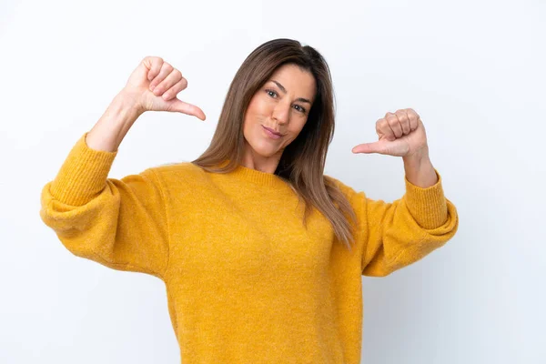 Mujer Caucásica Mediana Edad Aislada Sobre Fondo Blanco Orgullosa Satisfecha — Foto de Stock