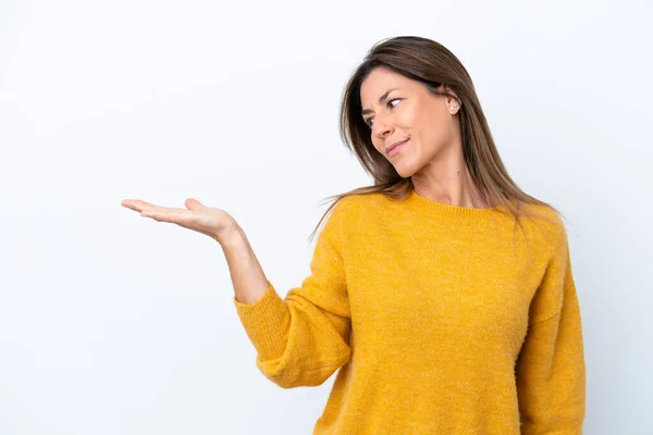 Middle Age Caucasian Woman Isolated White Background Holding Copyspace Doubts — Foto de Stock