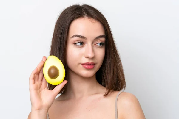 Young Ukrainian Woman Isolated White Background Holding Avocado Close Portrait — Fotografia de Stock