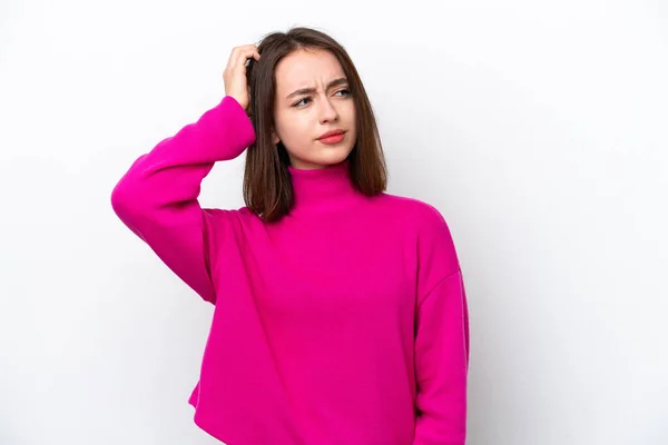 Young Ukrainian Woman Isolated White Background Having Doubts While Scratching — 스톡 사진
