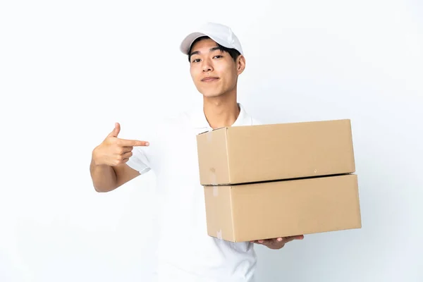Delivery Chinese Man Isolated White Background Proud Self Satisfied — Stock Photo, Image