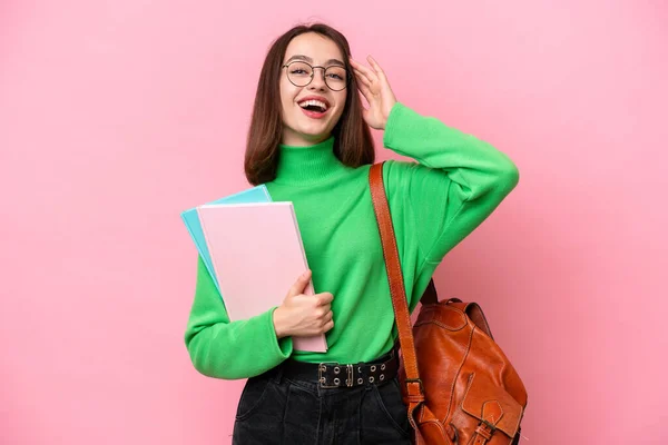 Jovem Estudante Ucraniana Mulher Isolada Fundo Rosa Com Expressão Surpresa — Fotografia de Stock