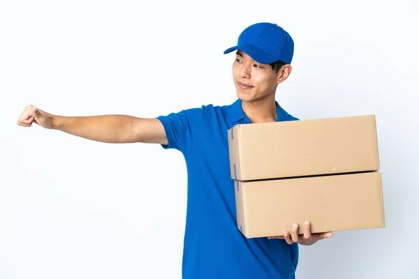 Delivery Chinese Man Isolated White Background Giving Thumbs Gesture — Stock Photo, Image