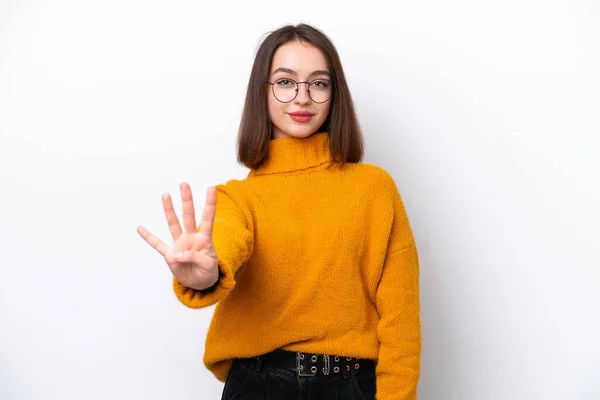年轻的乌克兰女子 背景为白色 手指头数到四 — 图库照片