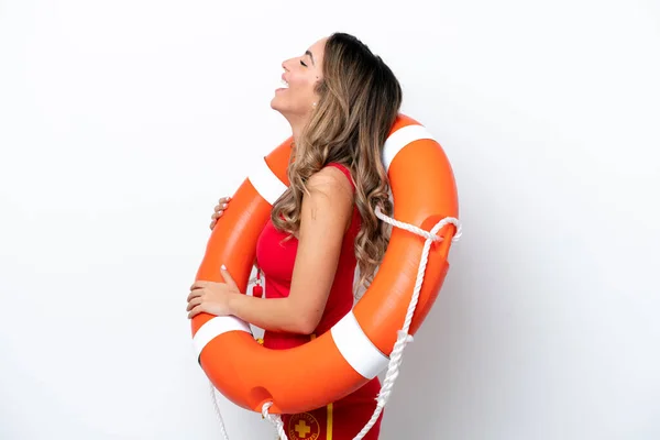 Lifeguard Caucasian Woman Isolated White Background Laughing Lateral Position — 스톡 사진