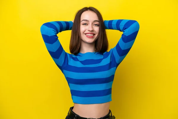 Young Ukrainian Woman Isolated Yellow Background Laughing — Stock Photo, Image