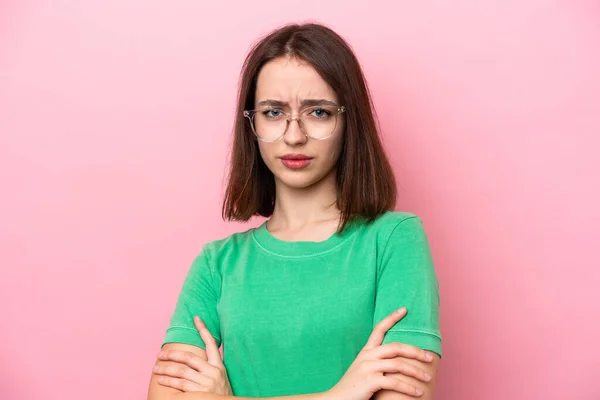 Young Ukrainian Woman Isolated Pink Background Glasses Arms Crossed — Fotografie, imagine de stoc