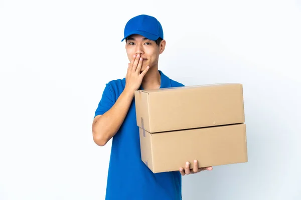 Delivery Chinese Man Isolated White Background Happy Smiling Covering Mouth — Stockfoto