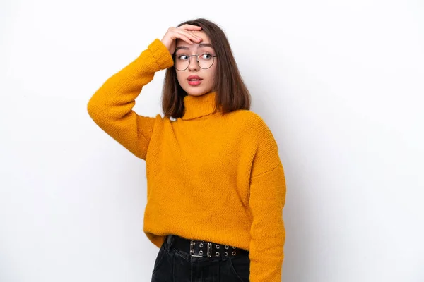 Young Ukrainian Woman Isolated White Background Doing Surprise Gesture While — Stock Photo, Image