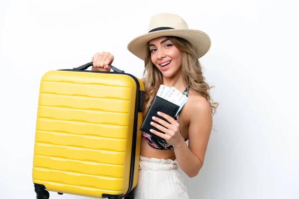 Girl Swimsuit Summer Holidays Isolated White Background Vacation Suitcase Passport — Zdjęcie stockowe