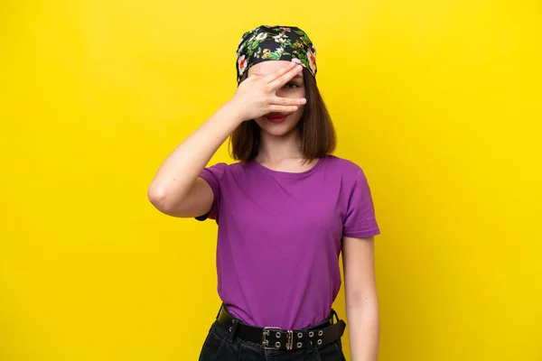 Young Ukrainian Woman Isolated Yellow Background Covering Eyes Hands Smiling — 스톡 사진