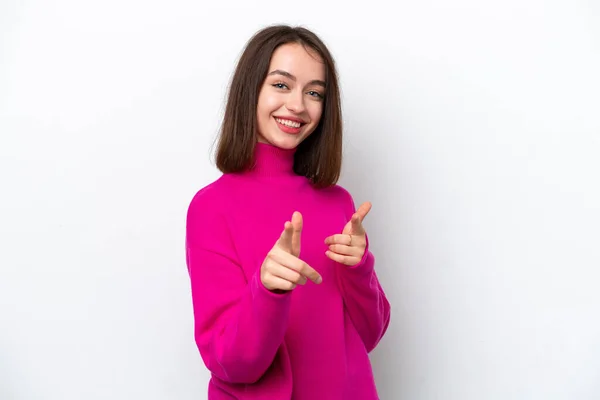Young Ukrainian Woman Isolated White Background Surprised Pointing Front — Stock Photo, Image