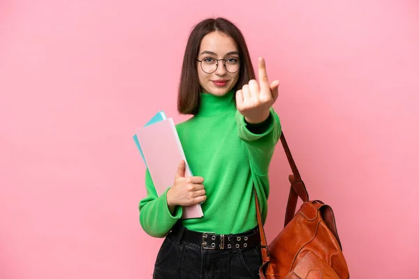 Young Student Ukrainian Woman Isolated Pink Background Doing Coming Gesture — Stockfoto