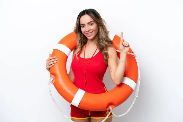 Lifeguard Caucasian Woman Isolated White Background Showing Lifting Finger Sign — 스톡 사진