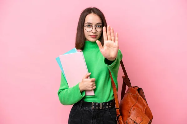 Young Student Ukrainian Woman Isolated Pink Background Making Stop Gesture — 스톡 사진