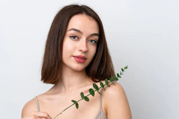 Young Ukrainian Woman Isolated White Background Holding Eucalyptus Branch Close — стоковое фото