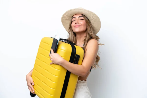 Girl Swimsuit Summer Holidays Isolated White Background Vacation Suitcase Passport — ストック写真