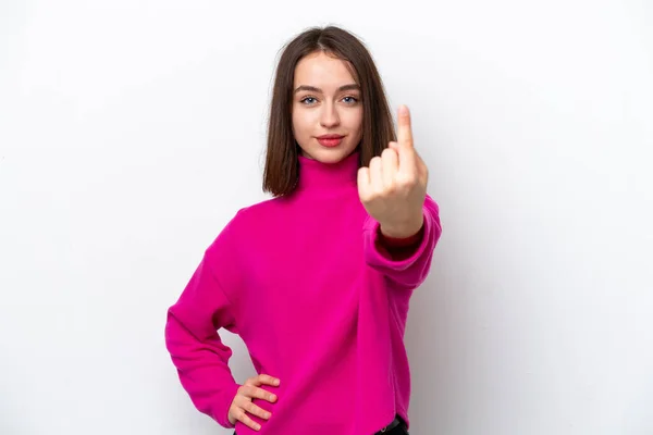 Young Ukrainian Woman Isolated White Background Doing Coming Gesture — Fotografia de Stock