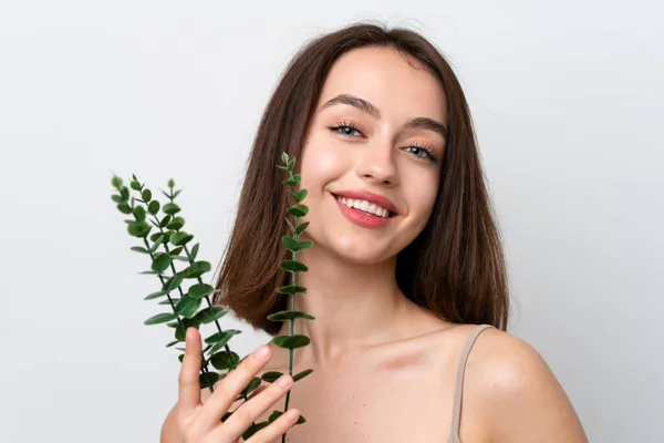 Young Ukrainian Woman Isolated White Background Holding Eucalyptus Branch While — Zdjęcie stockowe