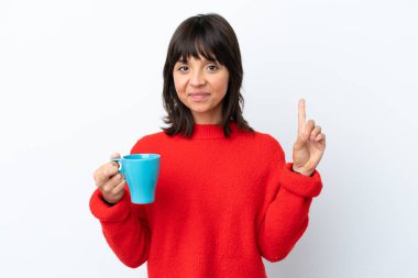 Young caucasian woman holding cup of coffee isolated on white background pointing up a great idea