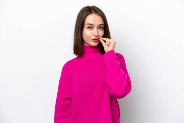 Young Ukrainian Woman Isolated White Background Showing Sign Silence Gesture — 스톡 사진